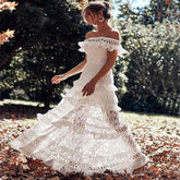 White Prom Dresses Lace Off Shoulder Ruffles Midi Dresses